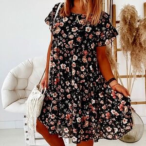 Women's Plus Size Women's Summer O-neck Dress Beach Floral Print Ruffles Casual